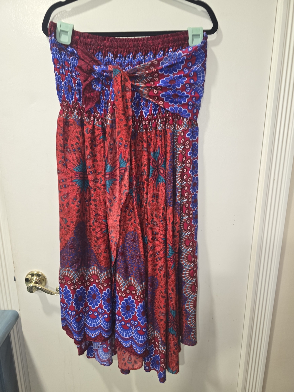 Red & Blue Boho Print Maxi Skirt